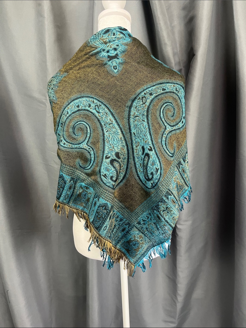 pashmina Teal and Olive Paisley Fringe Wrap - Picture 2 of 4